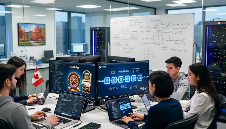 Close-up of programmer hands typing code on keyboard with monitors in background