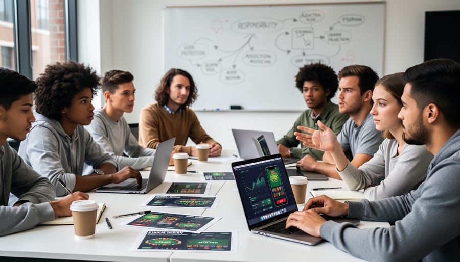 University students in circle discussion group examining ethical considerations in technology