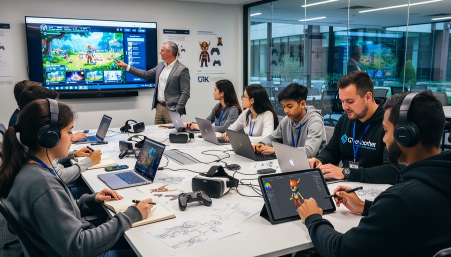 Professional handshake between university representative and industry partner in modern campus facility