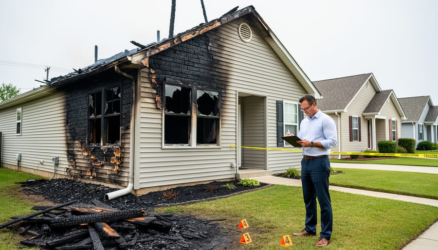 Fire-damaged residential home exterior showing structural damage to siding and windows
