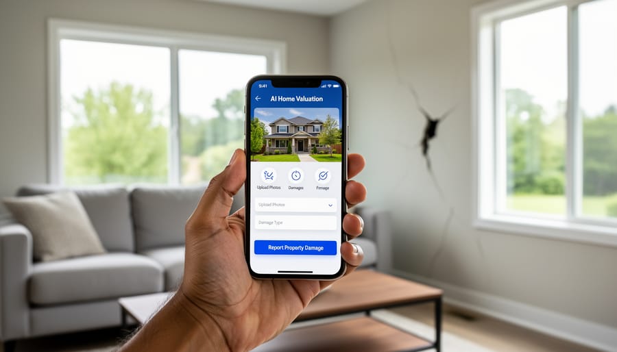 Person using smartphone application to document and assess property damage
