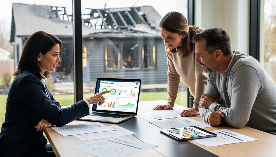 Homeowner and real estate professional discussing property valuation documents at table