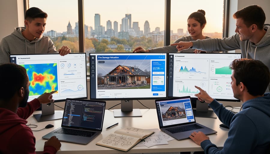 University students working together on computer programming project in modern lab setting