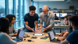 Diverse student and educator co-leading a discussion at a makerspace table, laptops angled away, hands gesturing over a blank tablet and electronic components, with the workshop environment softly blurred in the background.