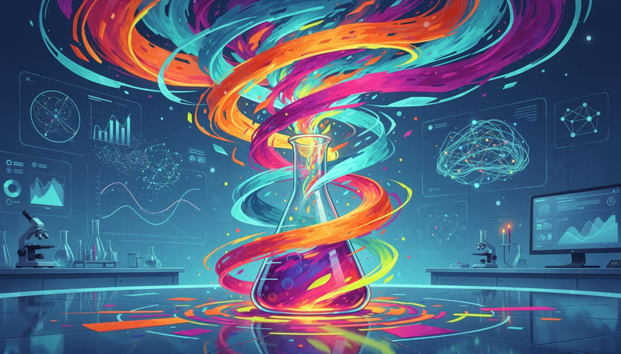 Macro shot of swirling colored liquid in a glass beaker under soft studio lighting