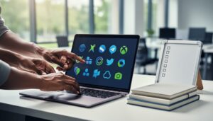 Diverse hands collaborating at a laptop with colorful open-source-themed stickers in a bright learning workspace.