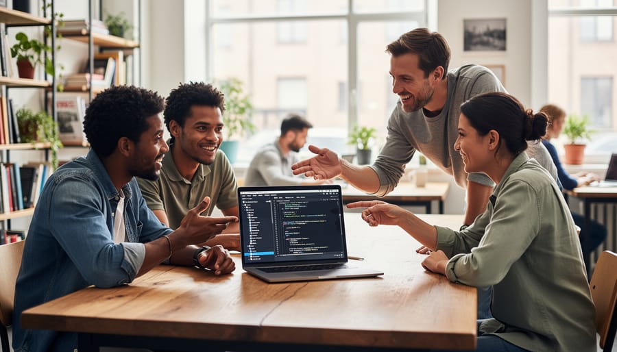 People collaborating around a laptop in a shared workspace