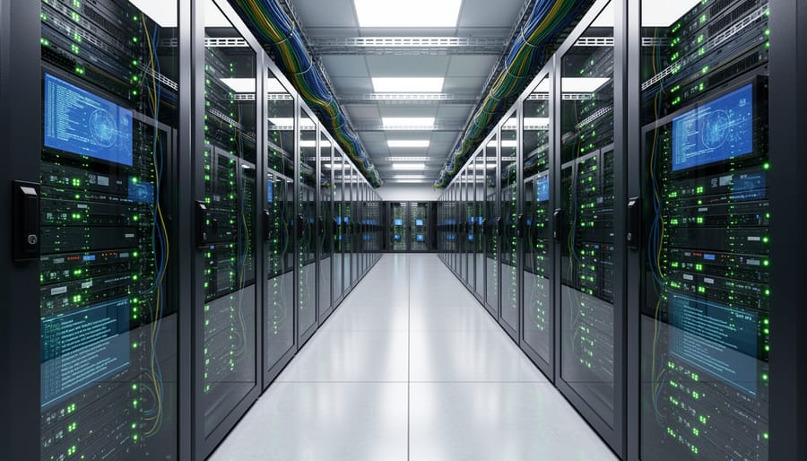 Side view of server racks with blinking lights in a data center