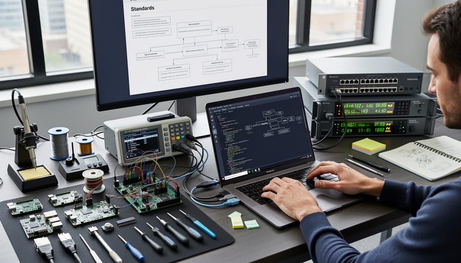 Tools on a workbench next to a laptop showing an unlabeled terminal screen