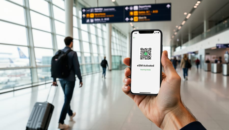 Traveler’s hand holding a smartphone near an airport window with transit activity blurred in the background