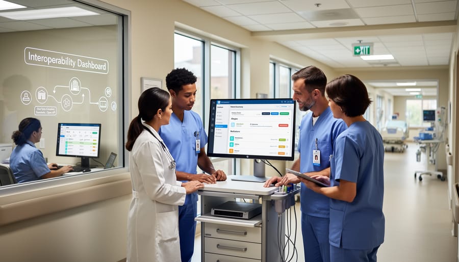 A nurse in a hospital corridor holding a tablet near medical equipment in a clinical environment.