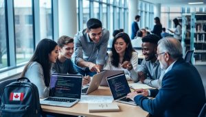 Diverse students and faculty collaborating at a university library table with open laptops and a subtle Canadian flag pin, representing Canadian open source innovation.