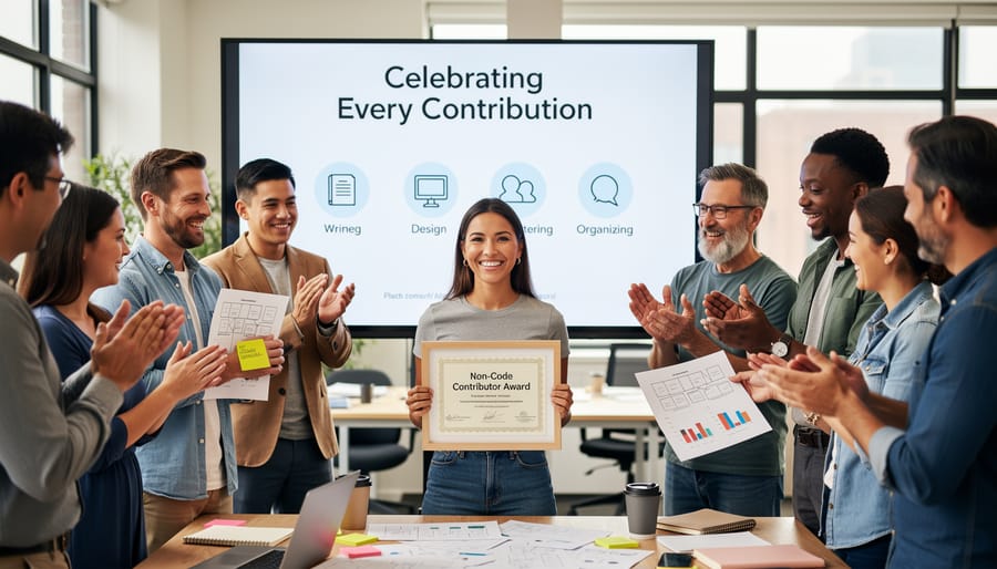 Group celebrating diverse open-source contributions at a community recognition event