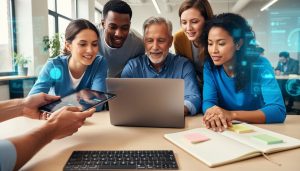 Diverse team members collaborating around a laptop and shared workspace, symbolizing open-source teamwork and communication.