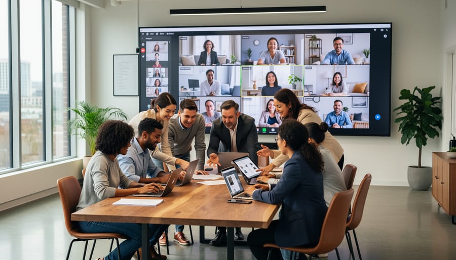 People collaborating during a hybrid session with a laptop and shared display