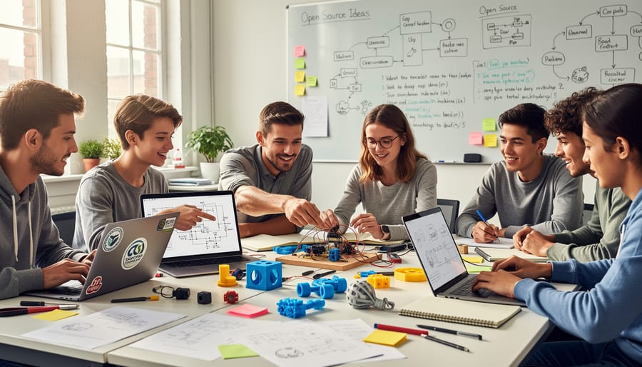 University students collaborating around an open laptop and discussing ideas at a study table.