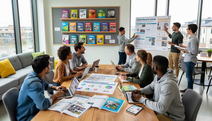 Students and educators collaborating around a laptop and notebooks in a bright university workspace.