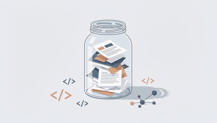 Glass jar holding colorful papers symbolizing preserved and discoverable research outputs.