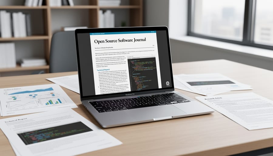 Open laptop beside printed research papers representing academic documentation and open source publication.