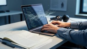 “Hands typing on a laptop next to open journal pages, representing peer-reviewed open source software research and innovation.”