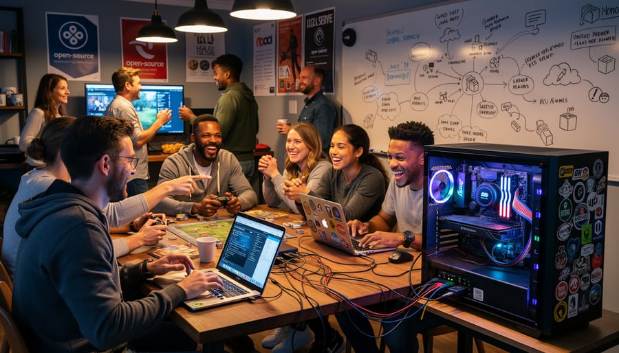 People gathered in a community room gaming together under cool blue lighting with no visible readable screen text.