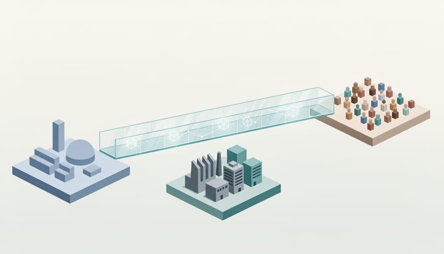 Low-angle view of a glass block bridge with subtle circuit-like patterns symbolizing connection and progress