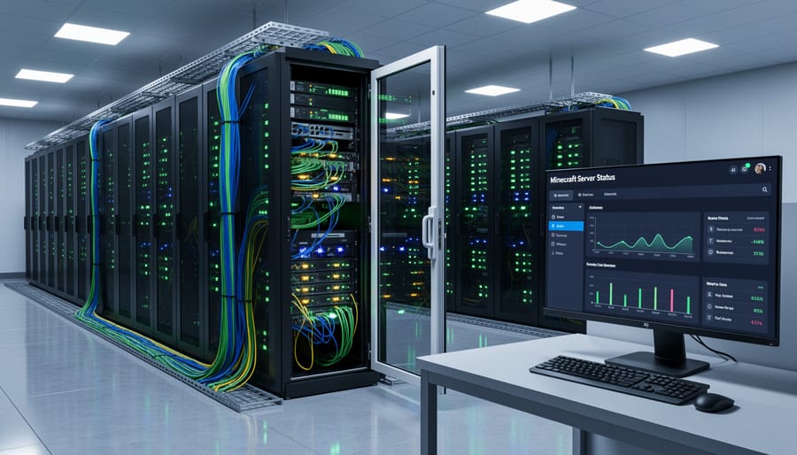 Illuminated server rack and Ethernet cabling in a server room with no readable text.