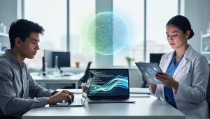 A diverse team of contributors collaborates around an open laptop with glowing code-like light patterns, symbolizing open source innovation and global participation.