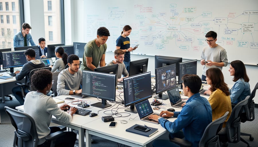 Students collaborating around a laptop in a computer lab with server activity visible but no readable text.