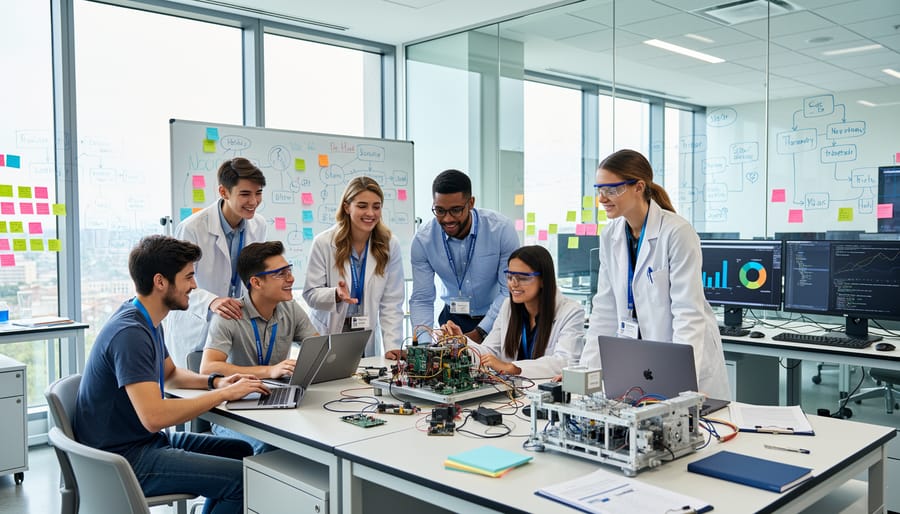 People collaborating around a laptop in a university lab with circuit hardware on the desk