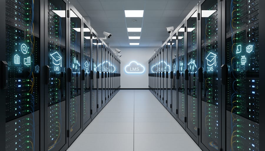 Secure server rack room representing cloud LMS infrastructure and hosting