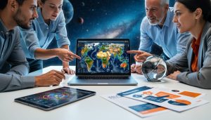 Diverse participants collaborating around a laptop and tablet with satellite-style imagery and space-themed decor, representing the NASA Space Apps Challenge news update for 2026.