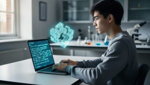 Student working at a laptop in a modern lab with abstract glowing geometric visuals representing Rust’s memory-safety concept.