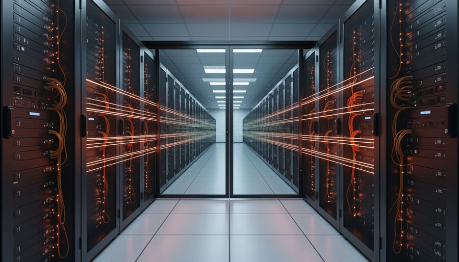 Server rack room with blinking lights and cooling vents representing robust systems computing.