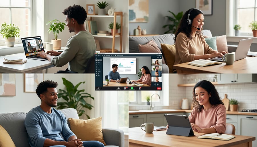 Remote participants on a video call from a home desk with a laptop and headset