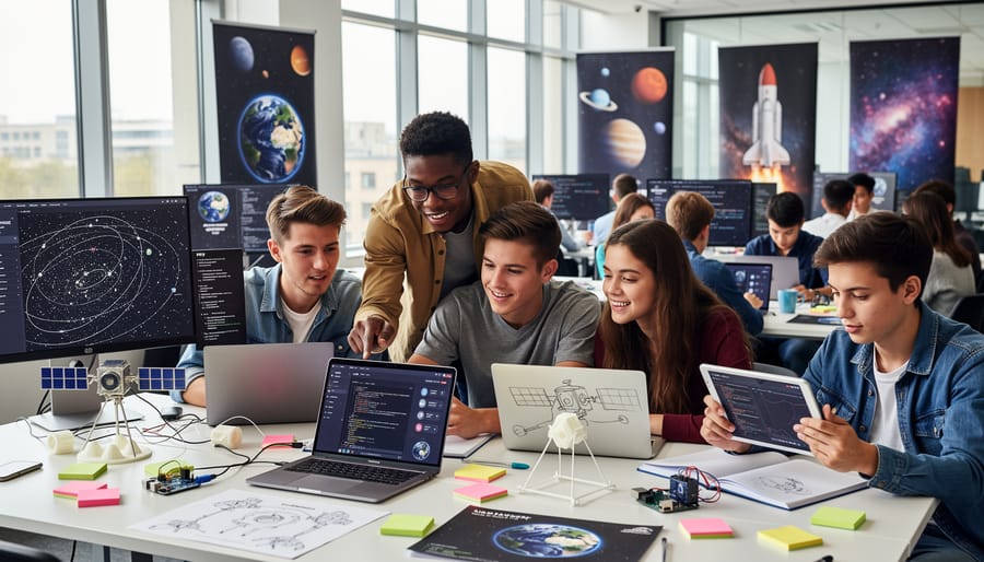 Students collaborating at a table with laptops and notebooks next to a small space-themed prototype