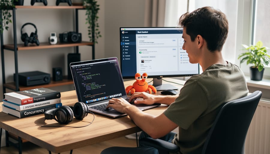 Student studying programming materials at a desk with a laptop open, representing learning Rust.