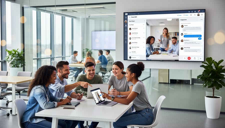 Diverse university students collaborating with laptops in a modern learning space
